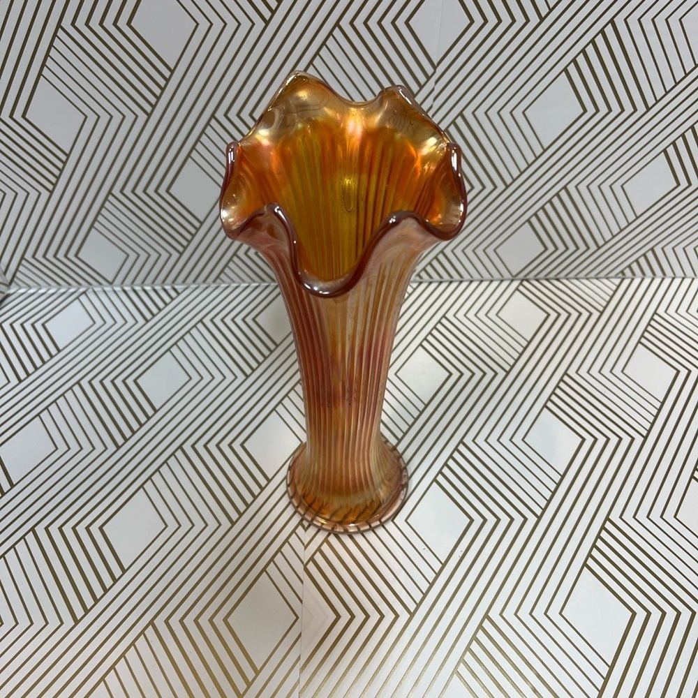 Vintage Fenton Marigold Carnival Glass Ribbed Swung Vase 9”
